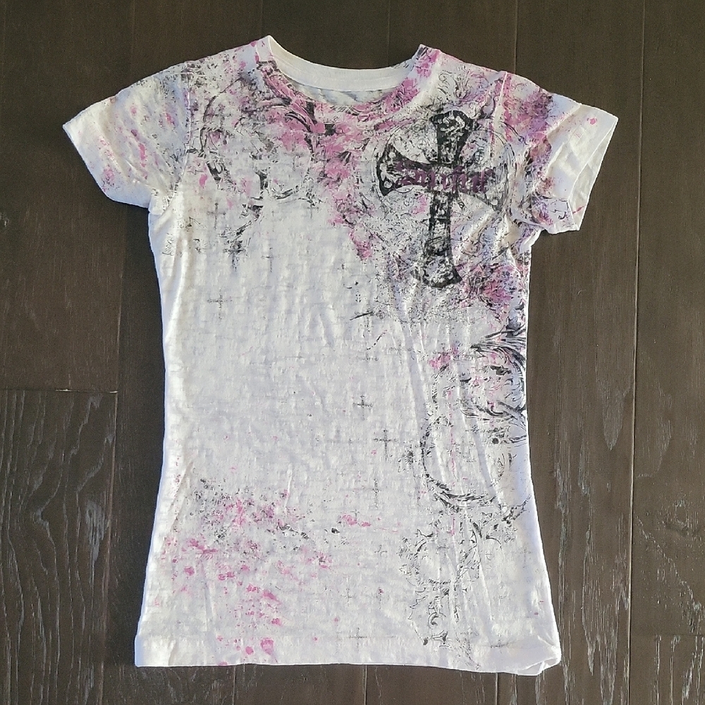 Vintage Sinful White and Pink Short Sleeve Tee with Ornate Cross